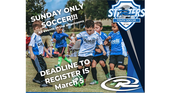 Starters (Sunday only) recreational soccer league registration open.