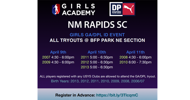 Girls GA/DPL Open Player ID days set for April 2024!